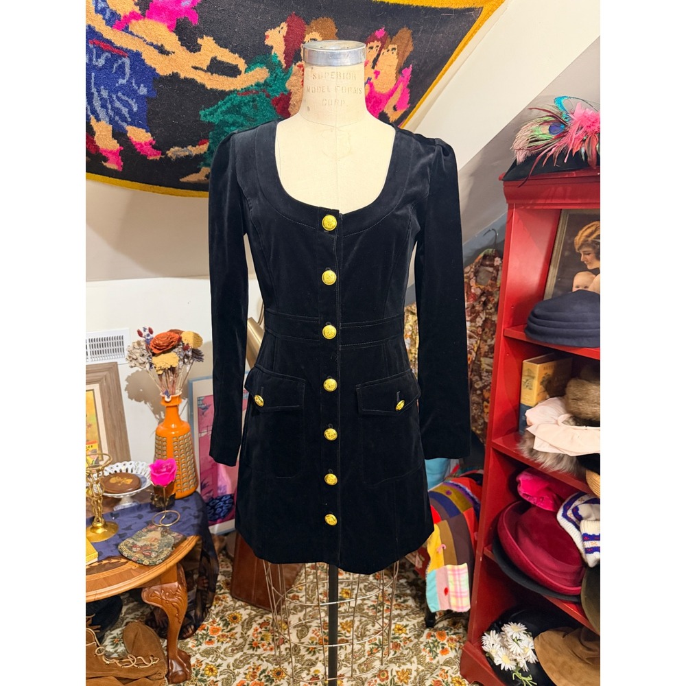 A.L.C. Black Velvet Mini Dress Gold Crest Button Front SO CUTE Size 8 NWT